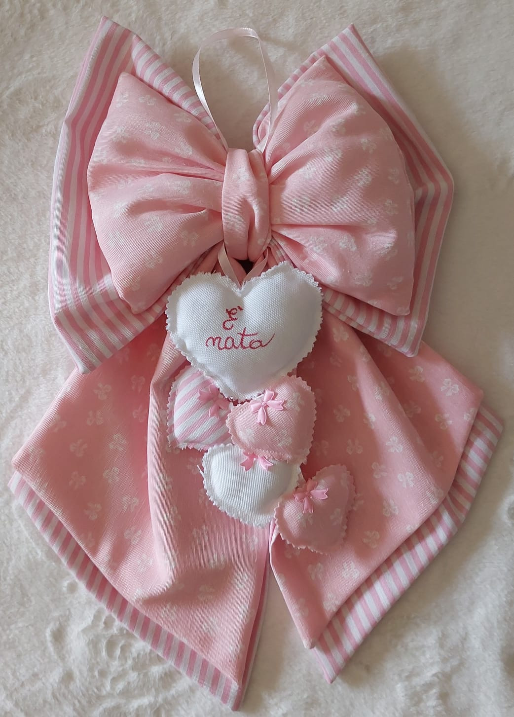 Fiocco Nascita Artigianale Rosa Con Cuori