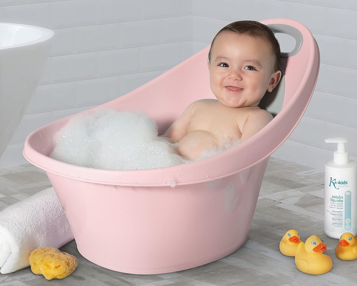 Vaschetta Per Bagnetto Neonato 0-12 Mesi, Design Ergonomico, Colore Rosa, Materiale PP+TPE - Foto 5