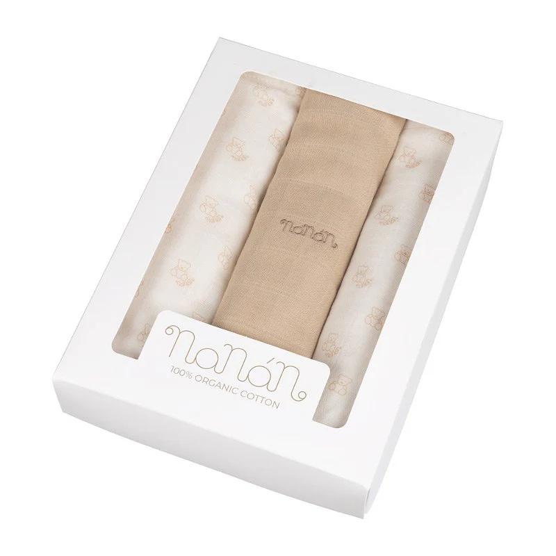 Set mit 3 Nanan-Musselintüchern mit Bärenmuster, 80 x 80 cm, beige