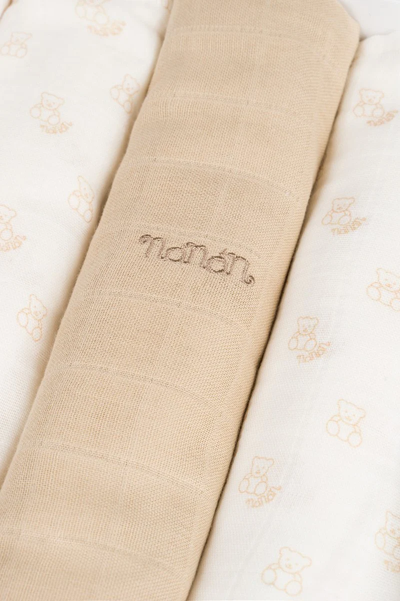 Lot de 3 langes Nanan à motif ours en mousseline beige 80x80 cm