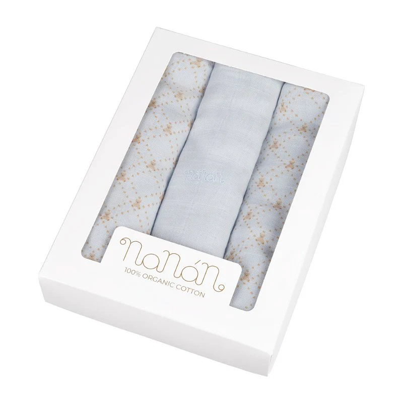 Set aus 3 Nanan-Musselintüchern mit vollflächigem Schriftzug, 80 x 80 cm, hellblau