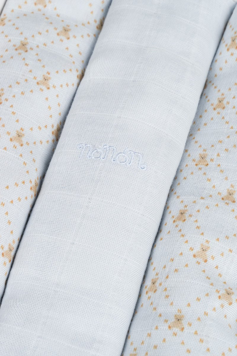 Juego de 3 muselinas Nanan con letras completas, 80x80 cm, azul claro