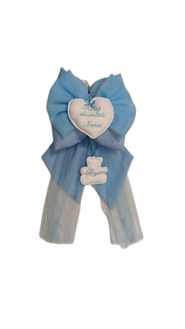 Fiocco Nascita Azzurro in Tulle con Ricamo