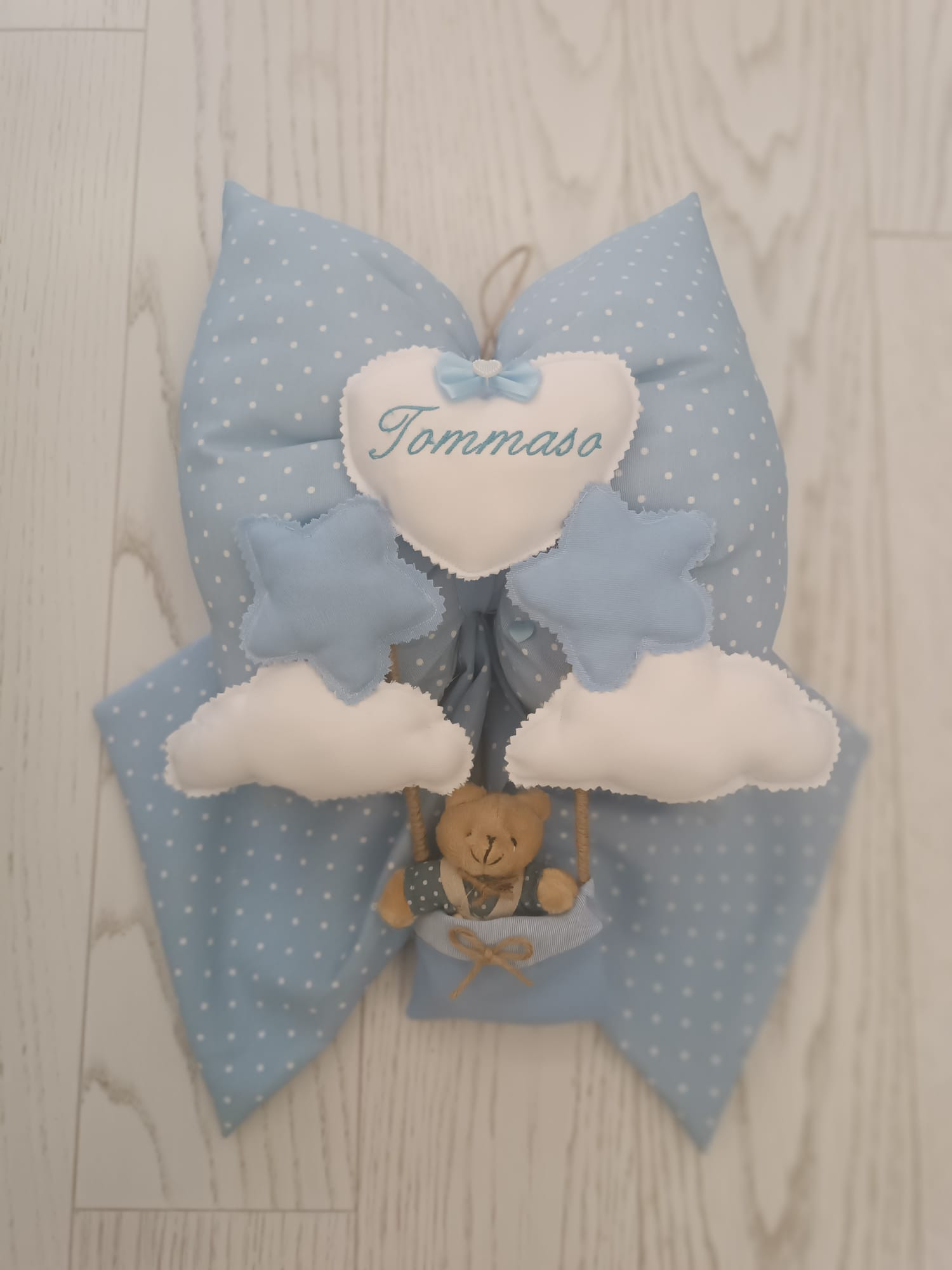 Fiocco Nascita Azzurro Orsetto Nuvola Peluche