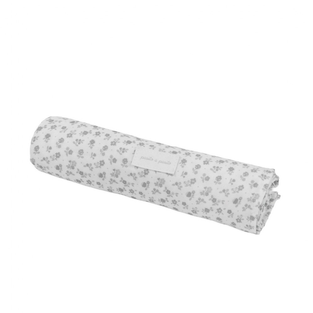 Sábana bajera ajustable para capazo + Muselina Little Bloom con estampado de flores grises