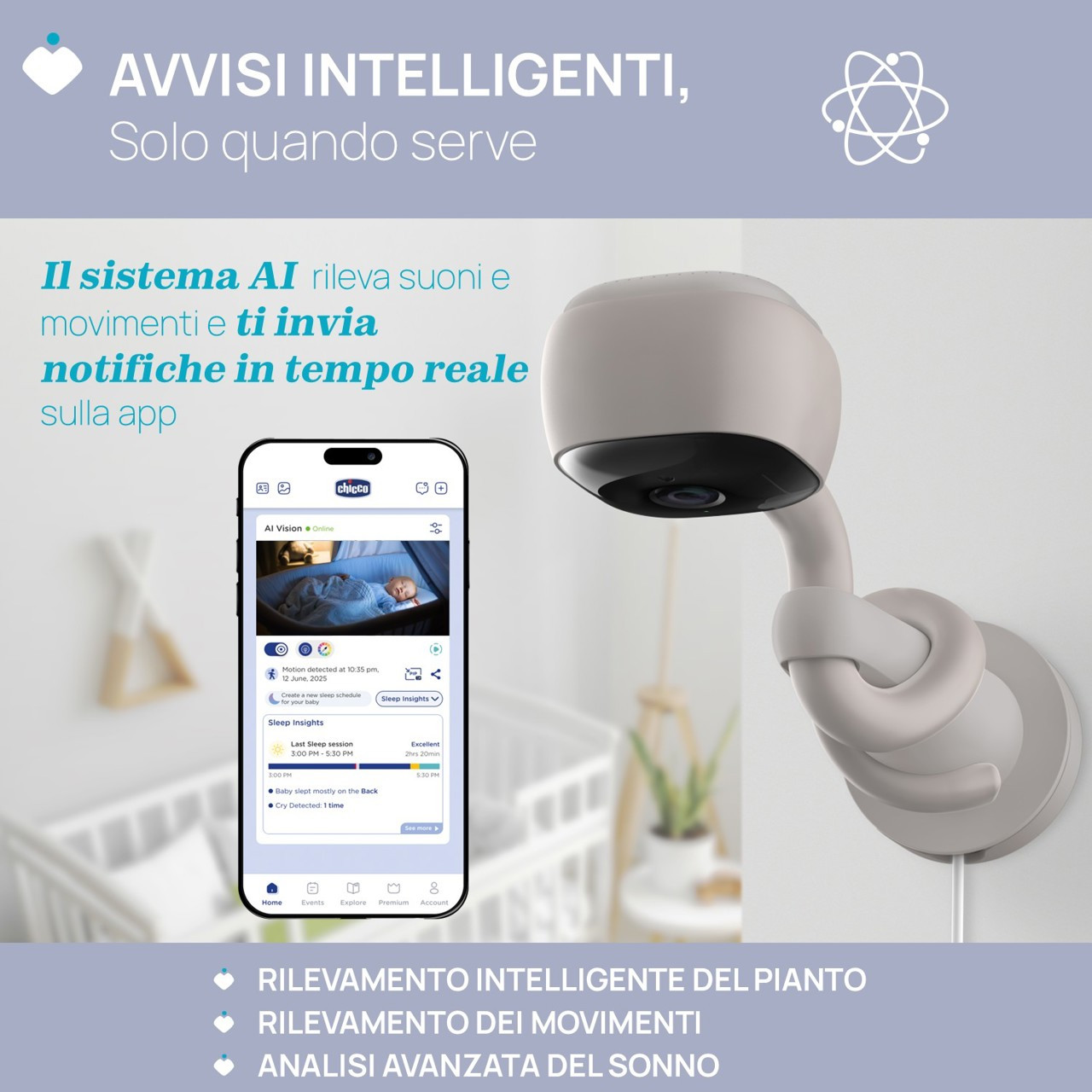 Monitor de vídeo para bebés Chicco Hubble Connect Smart AI WI-FI